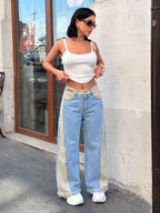 Women's American-style Mid-low Rise Streetwear Two-tone Patchwork Wide-leg Jeans, Featuring a Low-rise Design with a Floor-length, Flowing Wide-leg Silhouette. Suitable for Daily Commutes, Vacation Travel, Trendy Gatherings, and Casual Outings - Mixed colors