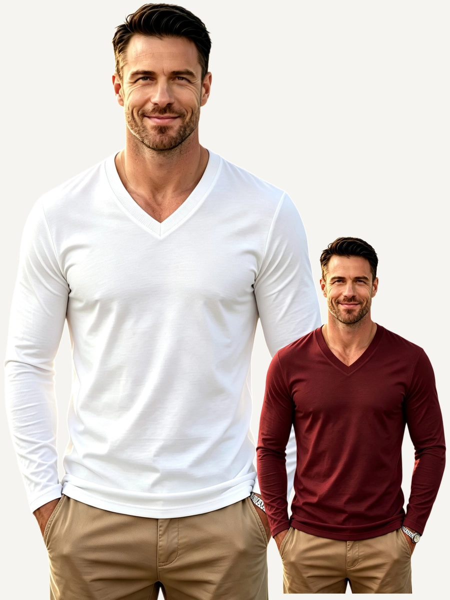 100%, 2pcs Men'S V-Neck Long Sleeve T-Shirts, Men'S Knit Sweatshirts, Casual Athletic Ribbed Neck Tops - Light White+Wine Red