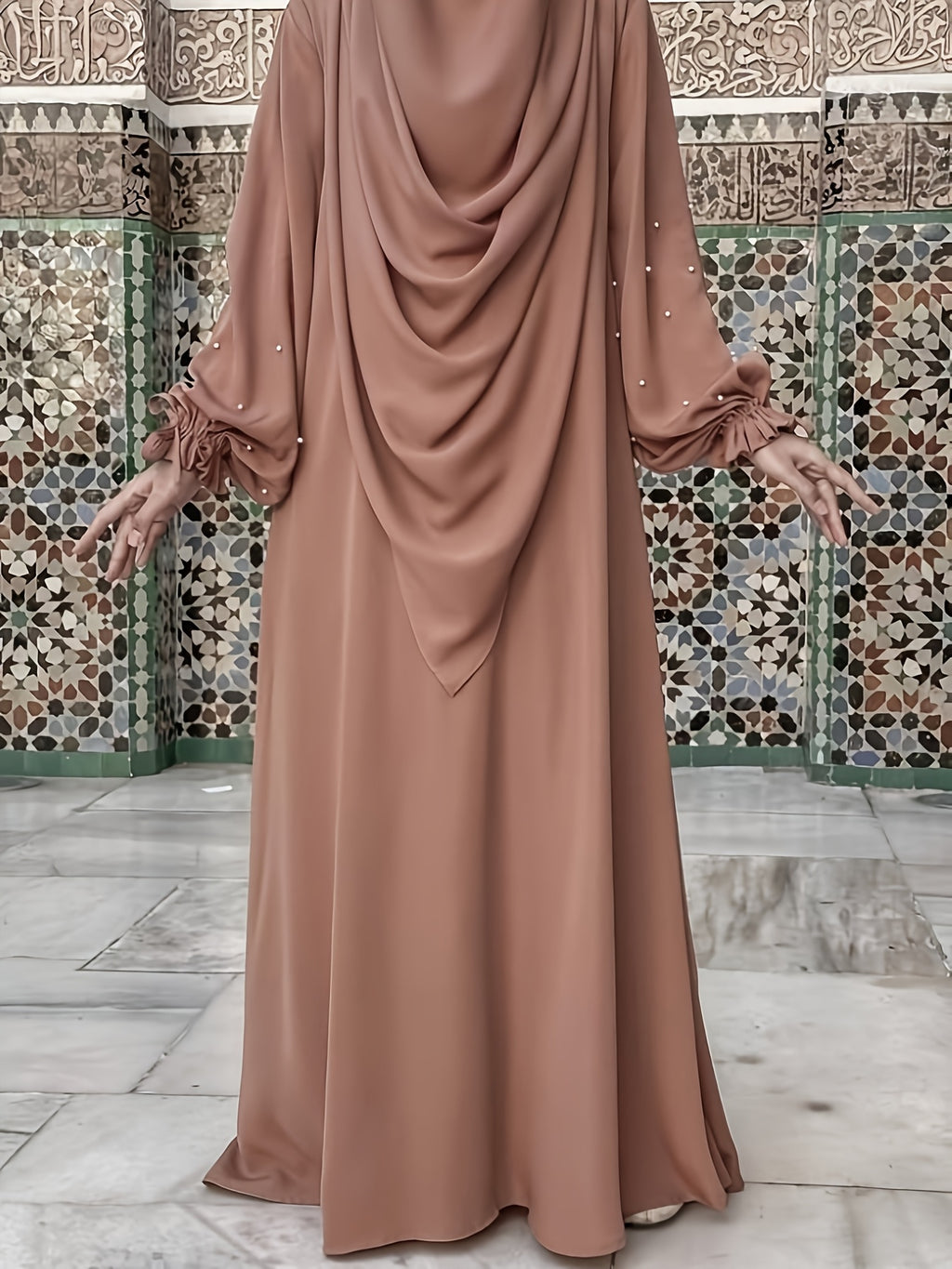 Middle Eastern Solid Color Women'S Robe with Pearl Sleeves Dress And Long Scarf 2pcs Set, Ideal for Women'S Daily Wear, Travel, And Ramadan - Sepia