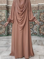 Middle Eastern Solid Color Women'S Robe with Pearl Sleeves Dress And Long Scarf 2pcs Set, Ideal for Women'S Daily Wear, Travel, And Ramadan - Sepia