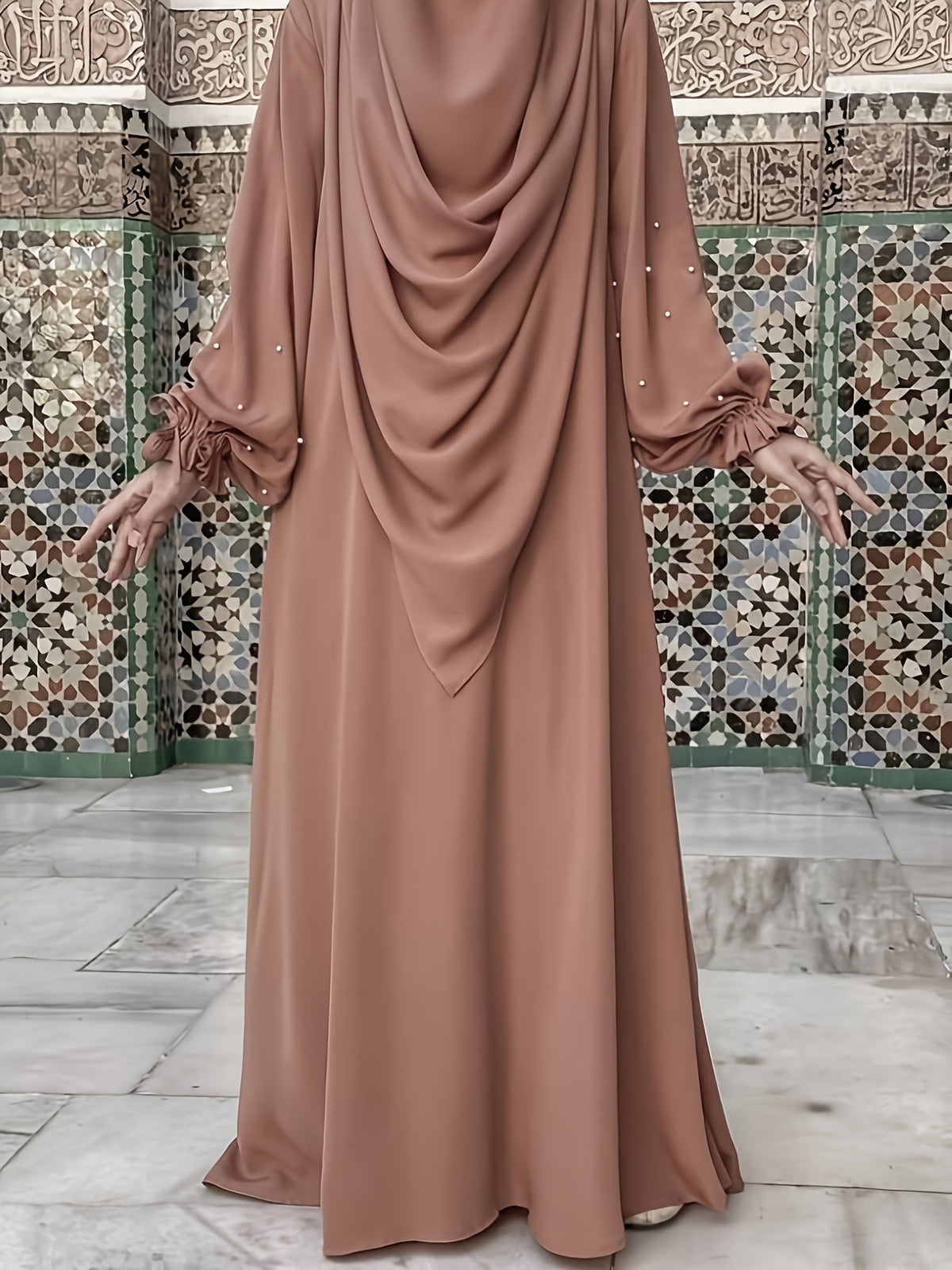 Middle Eastern Solid Color Women'S Robe with Pearl Sleeves Dress And Long Scarf 2pcs Set, Ideal for Women'S Daily Wear, Travel, And Ramadan - Sepia