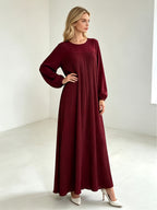 1pc Elegant Holiday Fashion Versatile Loose Pleated Back Zipper Solid Color Women's Robe, Suitable for Daily Wear, Comfortable, Casual, and Loose-Fitting. Women's Robe, Muslim Long-Sleeve Dress, Women's Maxi Dress - Burgundy
