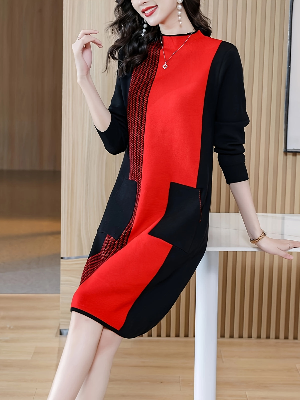 Autumn And Winter Women'S Dress Winter New Style Dress High-End Mid-Length Pullover Sweater Dress - Red