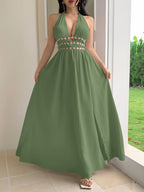 2026 Summer New Bohemian Embroidered Backless Dress, V-Neck Halter Skirt with Flared Hem, French Retro Socialite Vacation Style Long Dress - Military Green