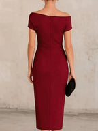 ST26047 One-Shoulder Waist-Cinching Pleated Dress Banquet Commute Slit Evening Dress - Burgundy