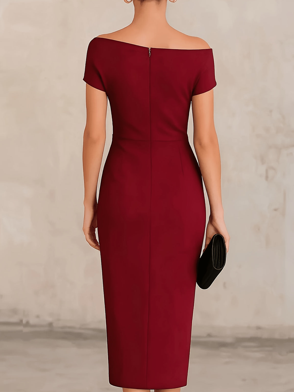 ST26047 One-Shoulder Waist-Cinching Pleated Dress Banquet Commute Slit Evening Dress - Burgundy