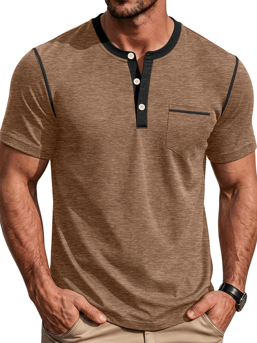 Men'S Spring Summer New Light Luxury Color-Block Henley Collar Short Sleeve T-Shirt, Half-Button 3-Button American Retro Top, High-Stretch Soft And Skin-Friendly Fabric, Breathable And Comfortable - Camel