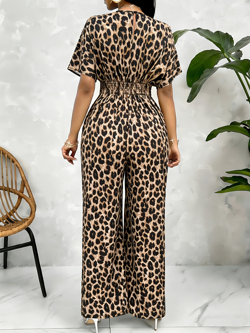 Women'S Leopard Print Batwing Sleeve Jumpsuit | Elegant V-Neck, Suitable For Spring/Summer/Fall - Leopard 1