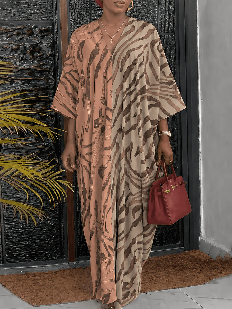 Women'S Zebra Print Contrast V-Neck Long Sleeve Dress - Spring New Loose Casual Vacation Style Maxi Dress - Apricot