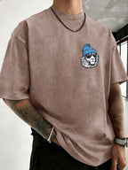 Men's Heavyweight Washed Distressed Loose-Fit Short-Sleeve T-Shirt with Reversible Print, Available in 12 Colors for Mix & Match, National Trend Y2K Style for Daily Commuting, Sports, Fitness, Couples, Streetwear, and Outings - Brown