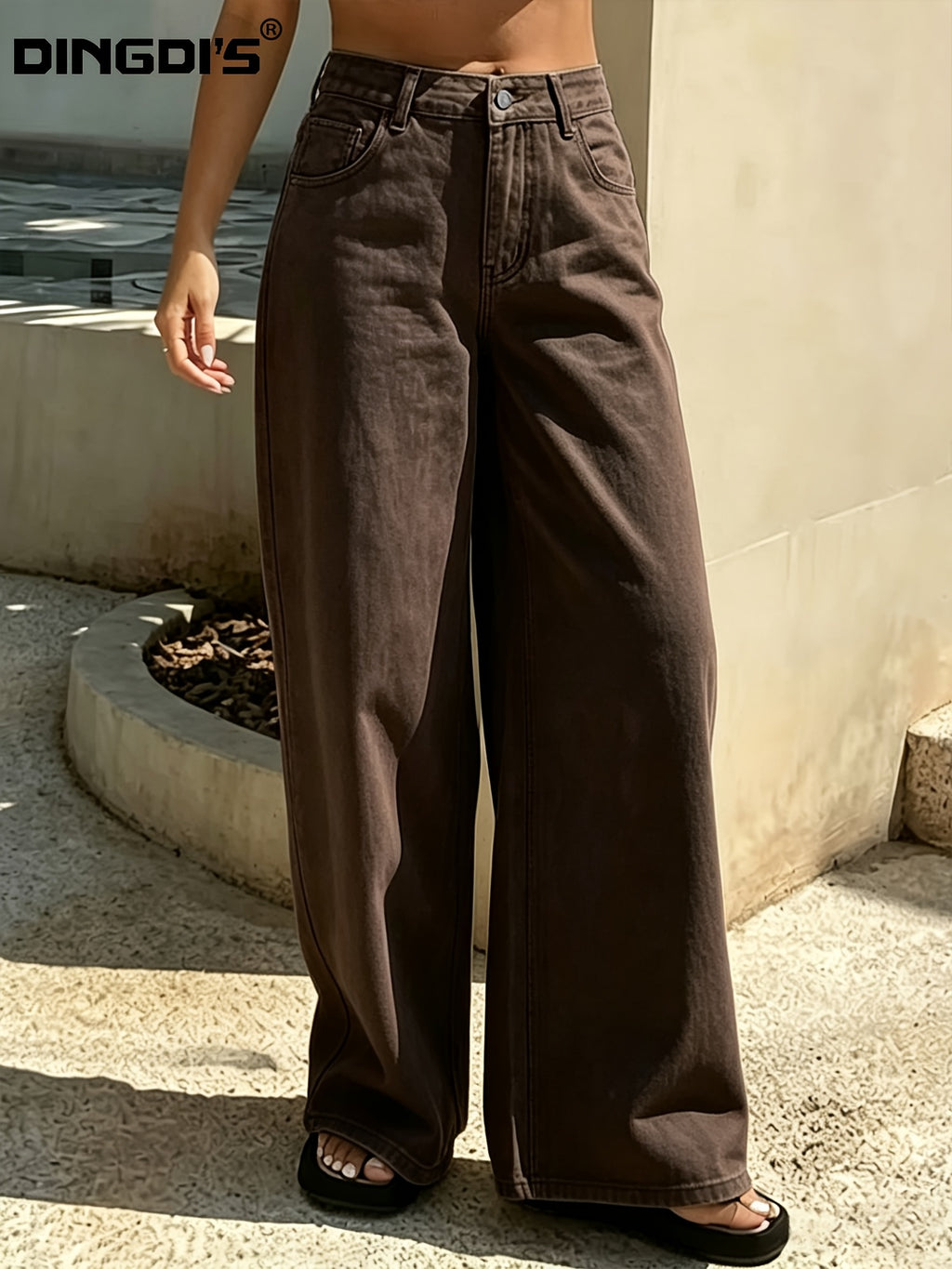 Ladies' New Stretch Loose Wide-Leg Coffee-Colored Jeans, Washed Solid Color Denim Long Pants with Pockets, Basic And Versatile for Women'S Clothing, Comfortable Casual Trousers, Loose Trousers Suitable for Work, Travel, And Office Wear - Coffee Color