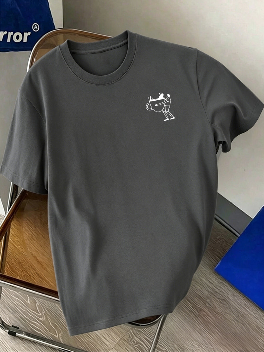 Men'S 100% T-Shirt, Coffee Character Print, Soft Breathable Comfortable Casual, All-Season Daily Commute - Dark Gray