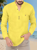 Father's Day Gift Men's Long Sleeve Henley Collar T-Shirt Two-pc, Multiple Colors Available, Casual Top, Simple and Versatile Style for Daily Commuting, Leisure, and Relaxed Wear - Yellow+black