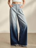 Women'S Jeans, Versatile Retro Blue Wide-Leg Pants with Ombre Effect - Blue