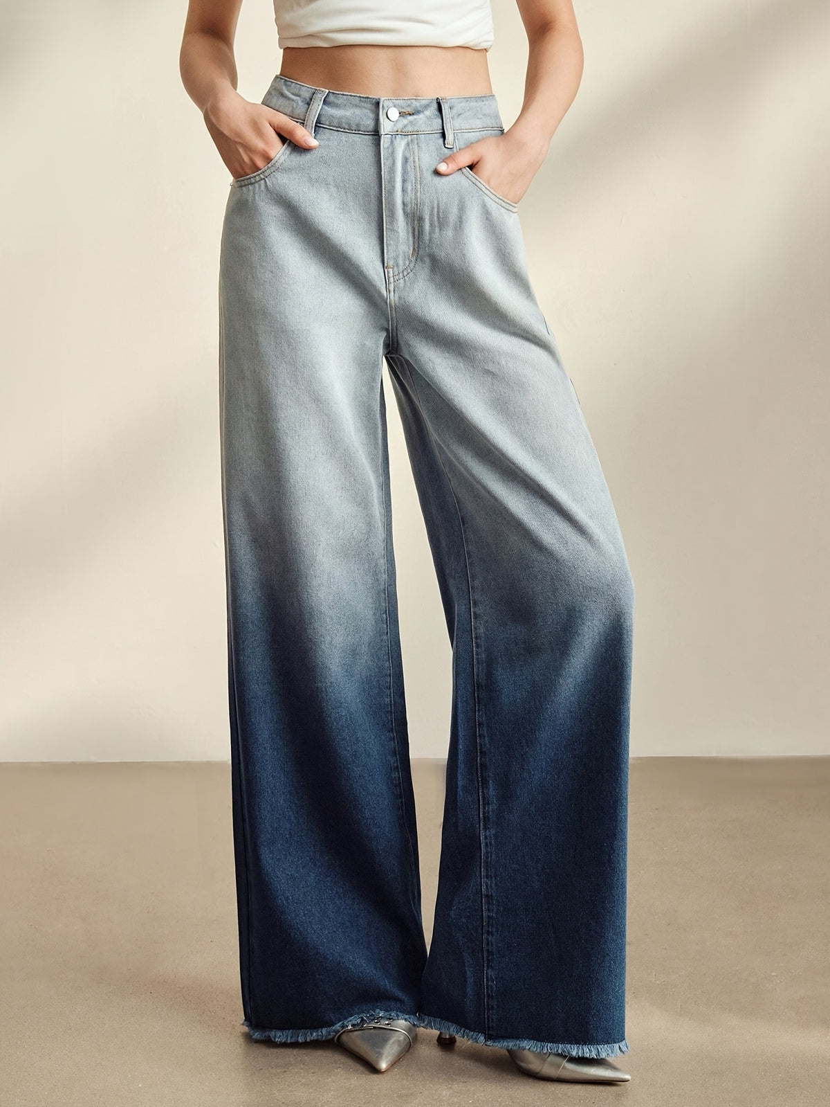 Women'S Jeans, Versatile Retro Blue Wide-Leg Pants with Ombre Effect - Blue