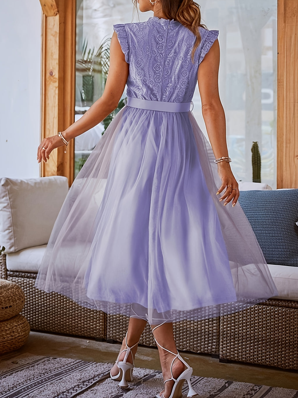 Women's Spring-Summer New Contrast Lace Mesh Spliced Long Sleeveless Elegant Dress - Lavender