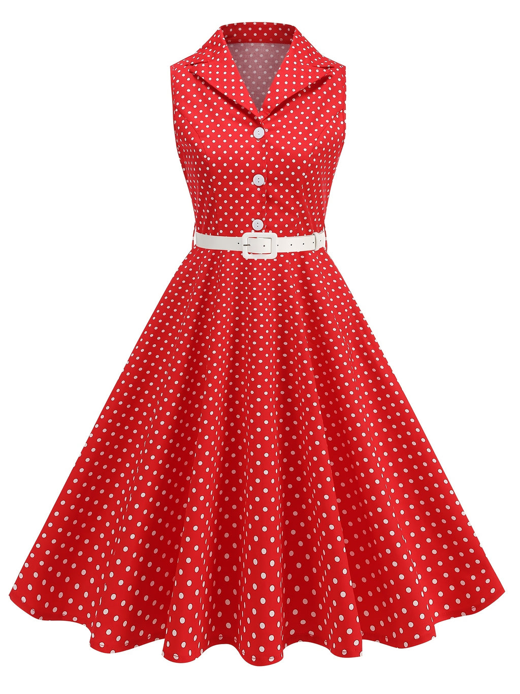 Vintage-style Polka Dot Waist-cinching Sleeveless Flared Bridesmaid Dress - Red