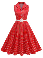 Vintage-style Polka Dot Waist-cinching Sleeveless Flared Bridesmaid Dress - Red