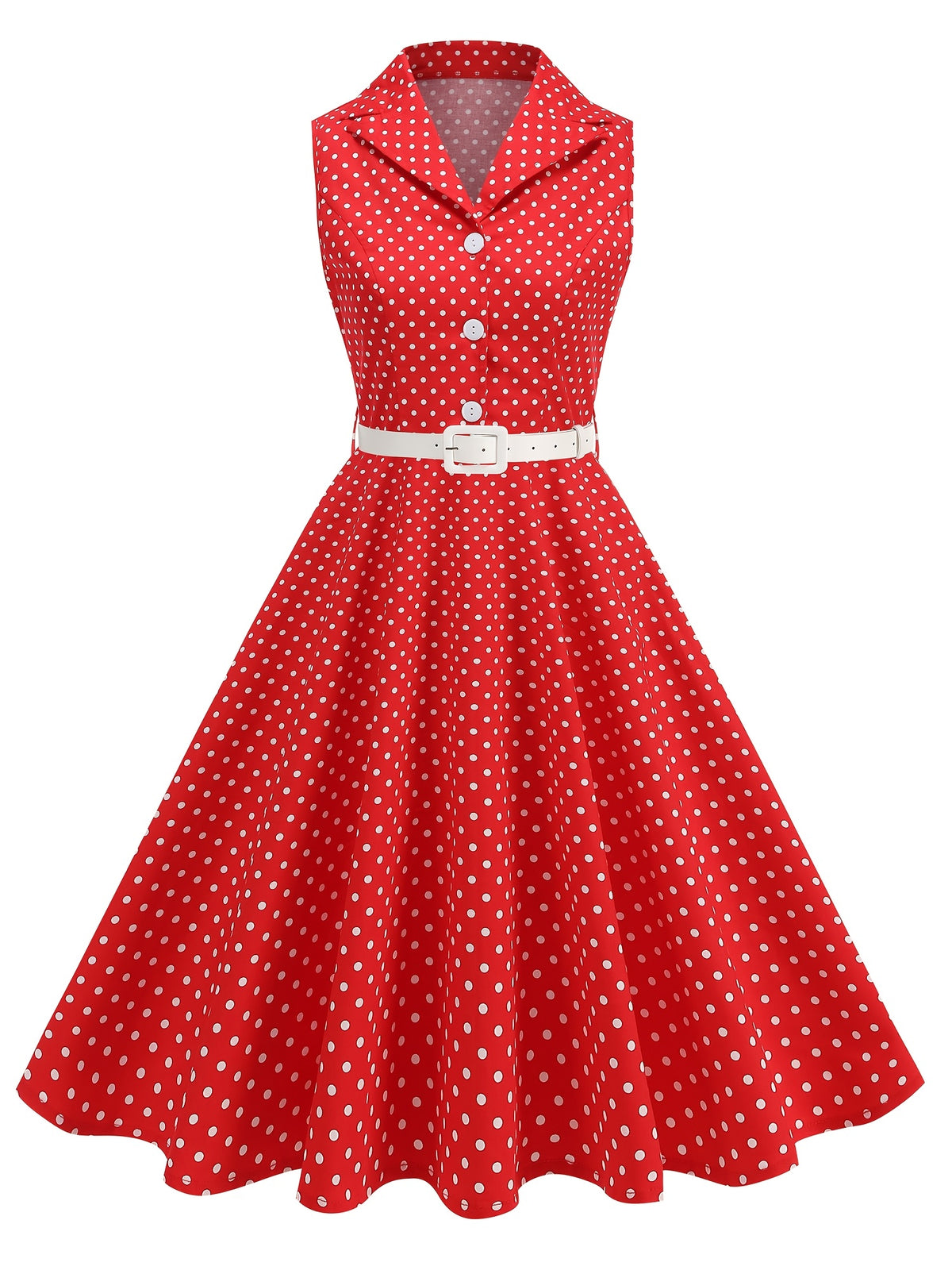 Vintage-style Polka Dot Waist-cinching Sleeveless Flared Bridesmaid Dress - Red