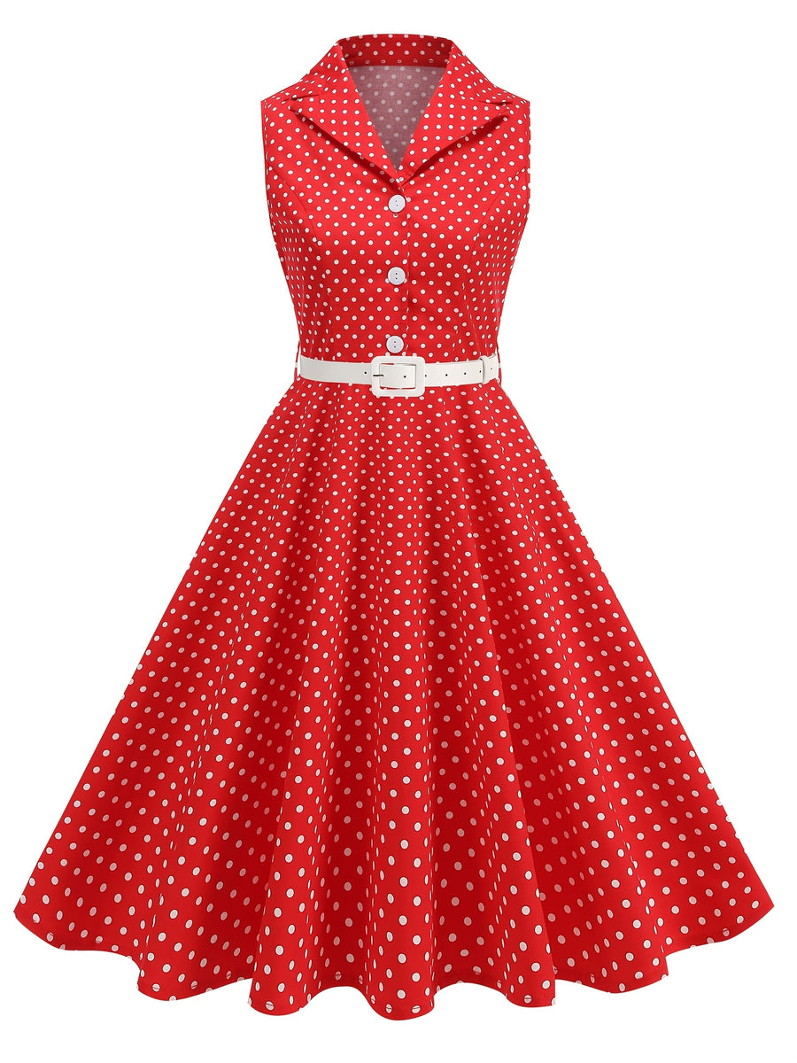 Vintage-style Polka Dot Waist-cinching Sleeveless Flared Bridesmaid Dress - Red