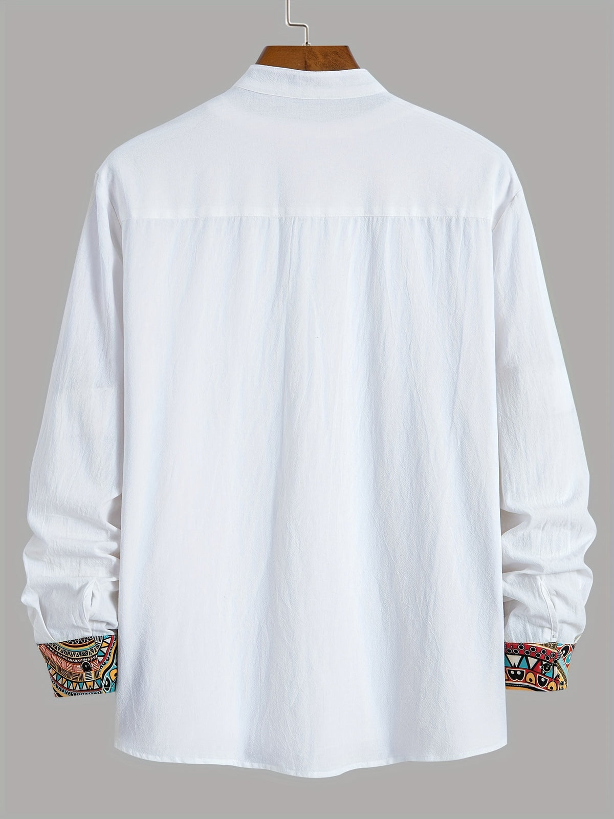 Men's Trendy Classic Solid Color Spliced Geometric Print Stand Collar Multi-Buckle Design Comfortable Breathable Material Casual Versatile Long Sleeve Shirt for Spring and Autumn - White