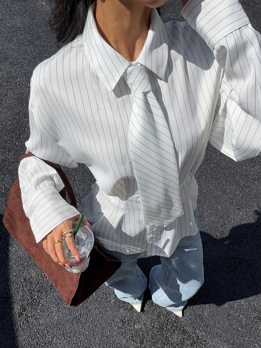 Women's Fine Pinstripe Lapel Collar Shirt with a Bow Tie and Long Sleeves, Ideal for Workplace Settings or Formal Everyday Wear—long Sleeve Shirt, Striped Shirt, Vintage-style Shirt, Lapel Top, White Top, White Shirt - White
