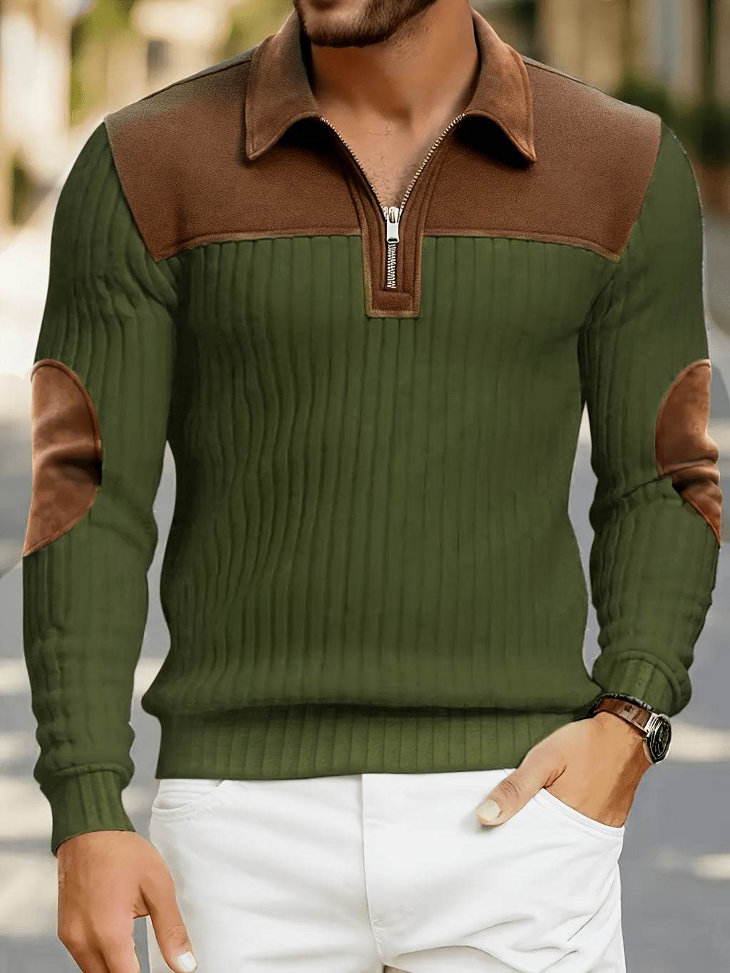 New Christmas Men's Autumn/Winter Brushed Ribbed Cable Knit Sweater, Casual Color-Block Long Sleeve Patchwork Plush Sport Henley Zip-Up Top - fern green