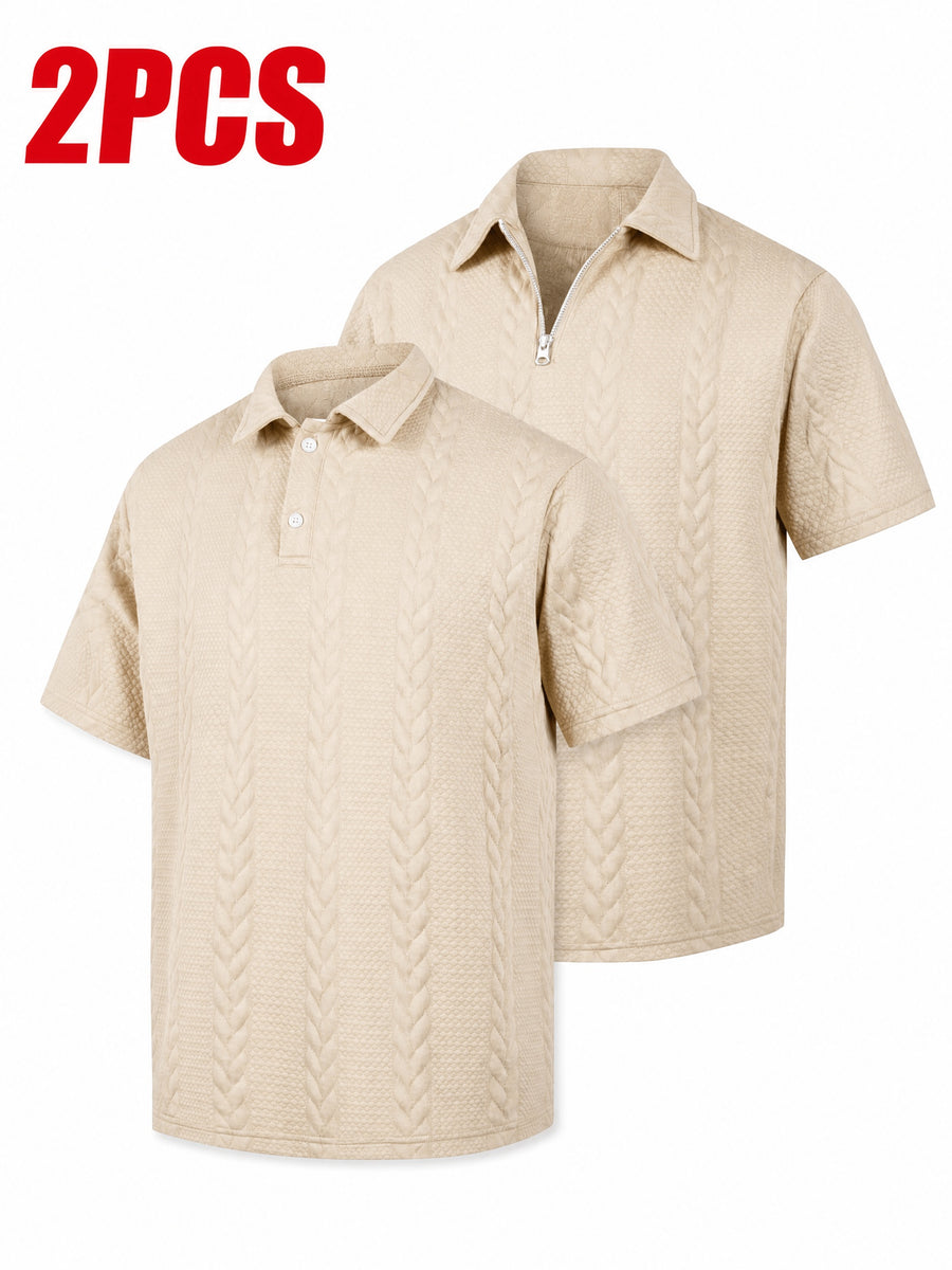 Men'S Wheat Jacquard Polo Shirts, 2pcs Combo Set (Half-Zip And Button Style), 3 Colors Available, Stretch Knit Short Sleeve Tops - Khaki