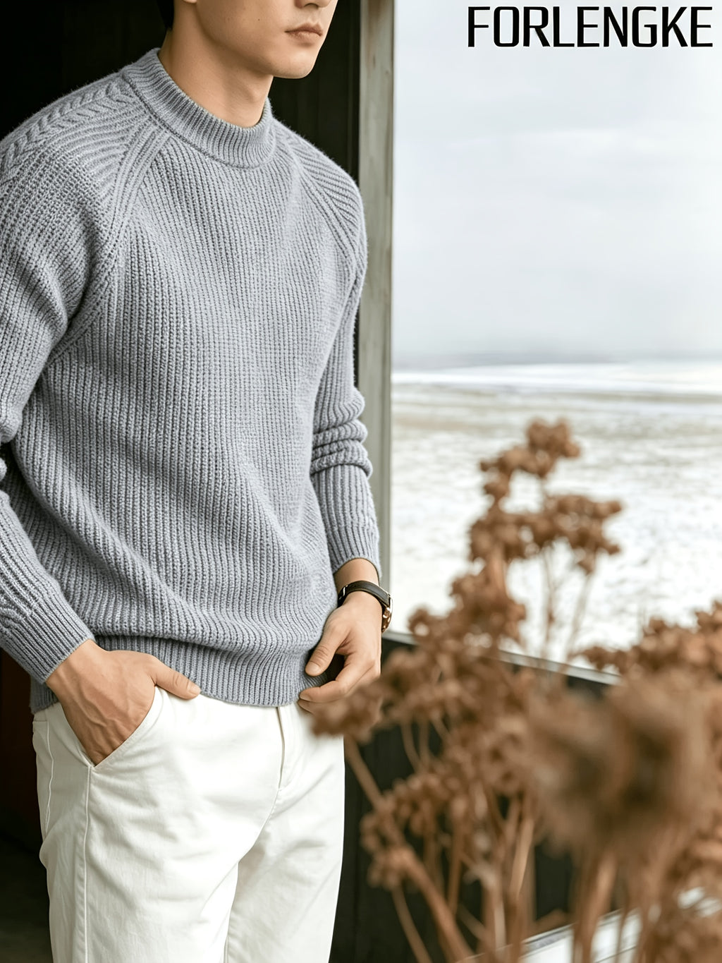 FORLENGKE Men's Business Casual Crew Neck Ribbed Knit Sweater, Soft Warm Long Sleeve Pullover for Fall Winter Office Daily Wear - Grey