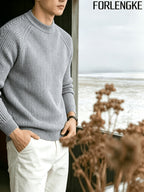 FORLENGKE Men's Business Casual Crew Neck Ribbed Knit Sweater, Soft Warm Long Sleeve Pullover for Fall Winter Office Daily Wear - Grey