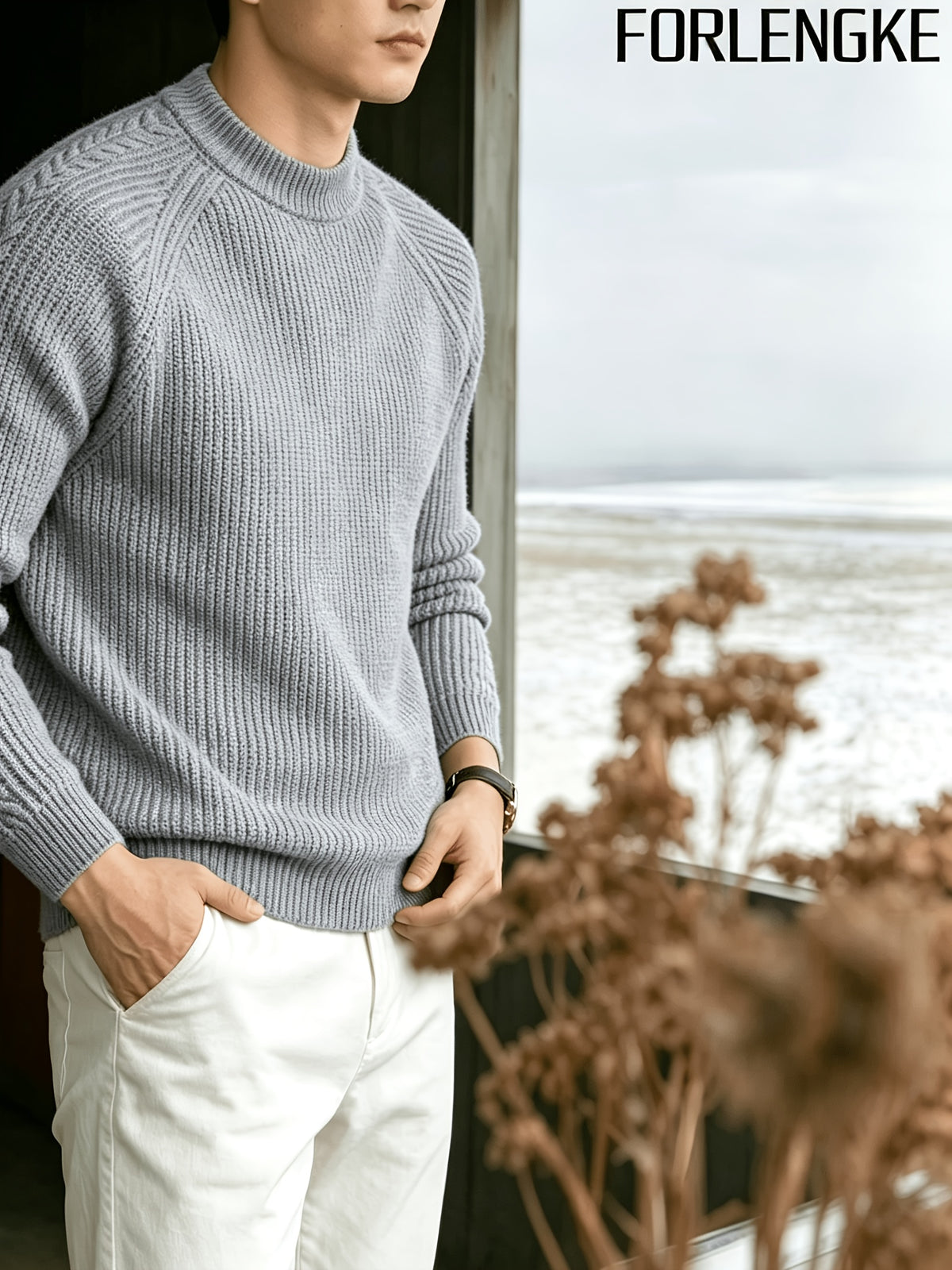FORLENGKE Men's Business Casual Crew Neck Ribbed Knit Sweater, Soft Warm Long Sleeve Pullover for Fall Winter Office Daily Wear - Grey