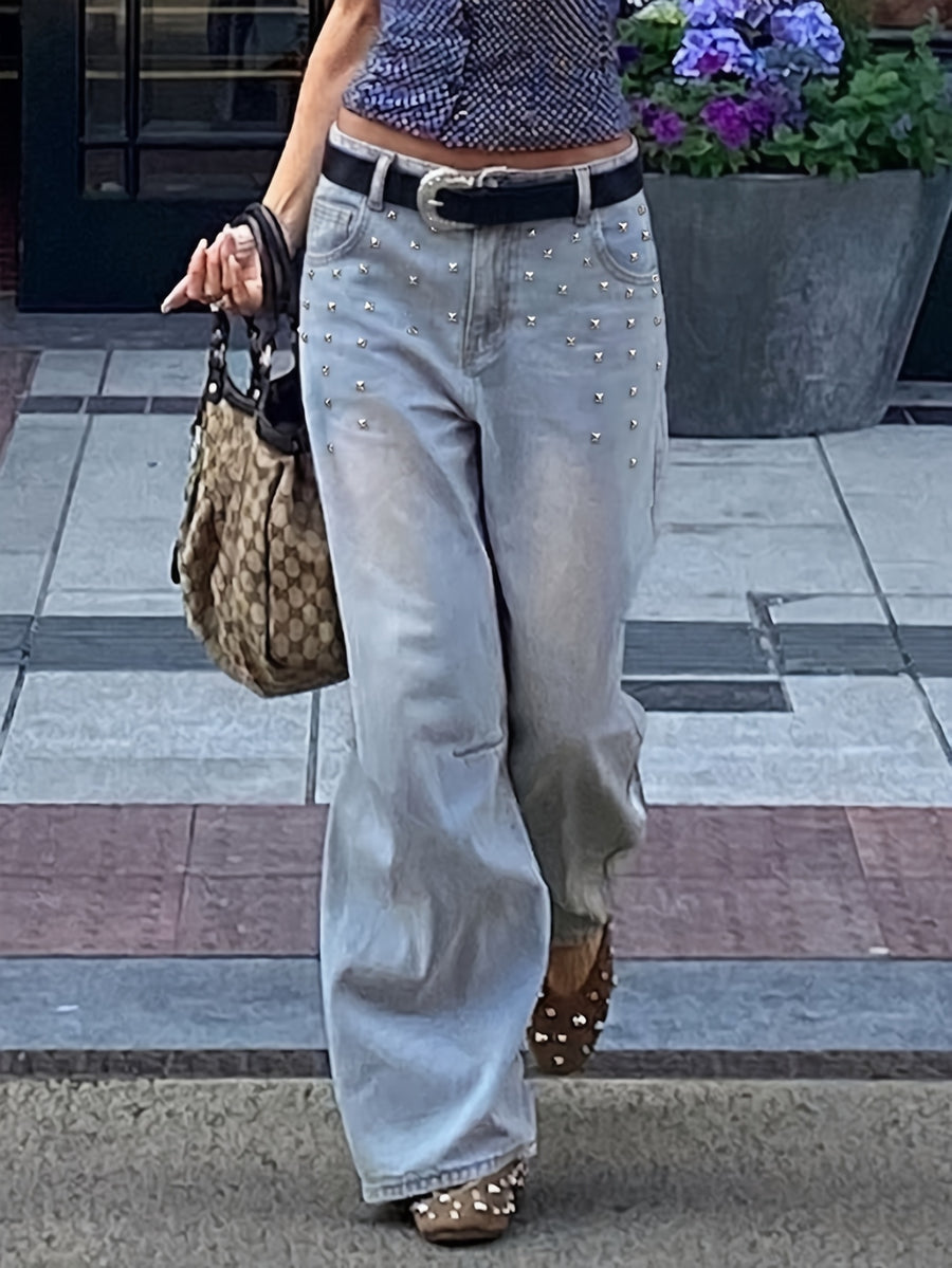 Y2K Women'S Solid-Color Straight-Leg Washed Denim Jeans - Versatile Wide-Leg Trousers Suitable for Streetwear And Commuting; All-Season - Light Blue