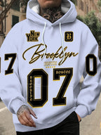 Digital Print - Men'S Long Sleeve Hooded Sweatshirt, City Letter And Number Badge Pattern, Drawstring Hooded Pullover Style, Casual Wear for Daily Commute And Shopping, American Retro Sporty Loose Top, Suitable for Campus Outings - Mixed colors