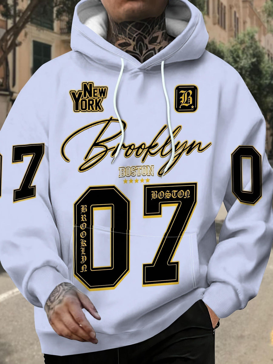 Digital Print - Men'S Long Sleeve Hooded Sweatshirt, City Letter And Number Badge Pattern, Drawstring Hooded Pullover Style, Casual Wear for Daily Commute And Shopping, American Retro Sporty Loose Top, Suitable for Campus Outings - Mixed colors