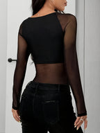 Ladies' Spring And Summer Elegant Mesh Patchwork Jumpsuit, Solid Color Mesh Tight Top - Black