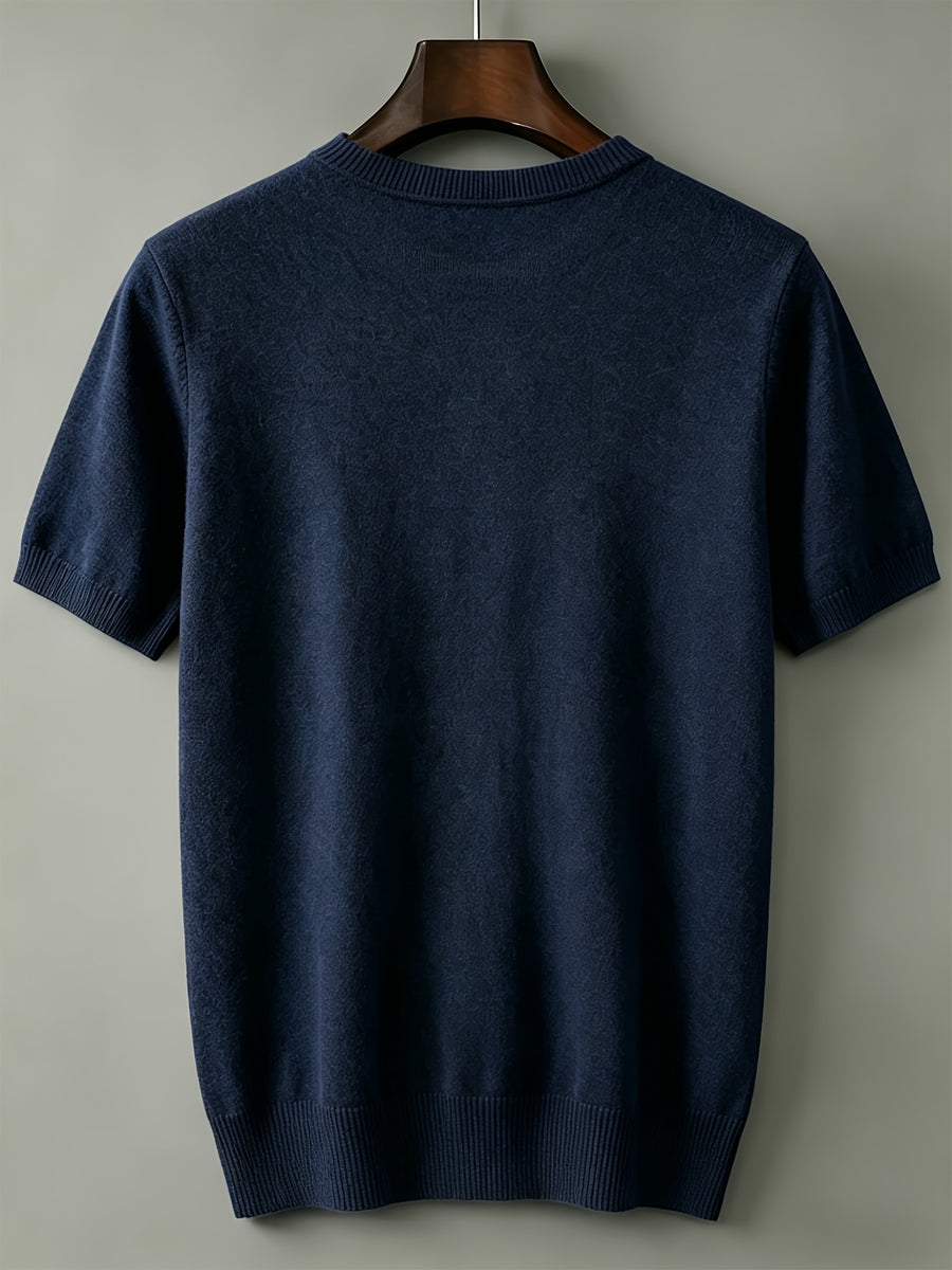 Men's Breathable Short Sleeve T-Shirt - Solid Color Round Neck Base Layer, Casual & Business Versatile Opaque Shirt, Machine Washable Suitable for Office Wear, Layering, Everyday Use - Navy Color