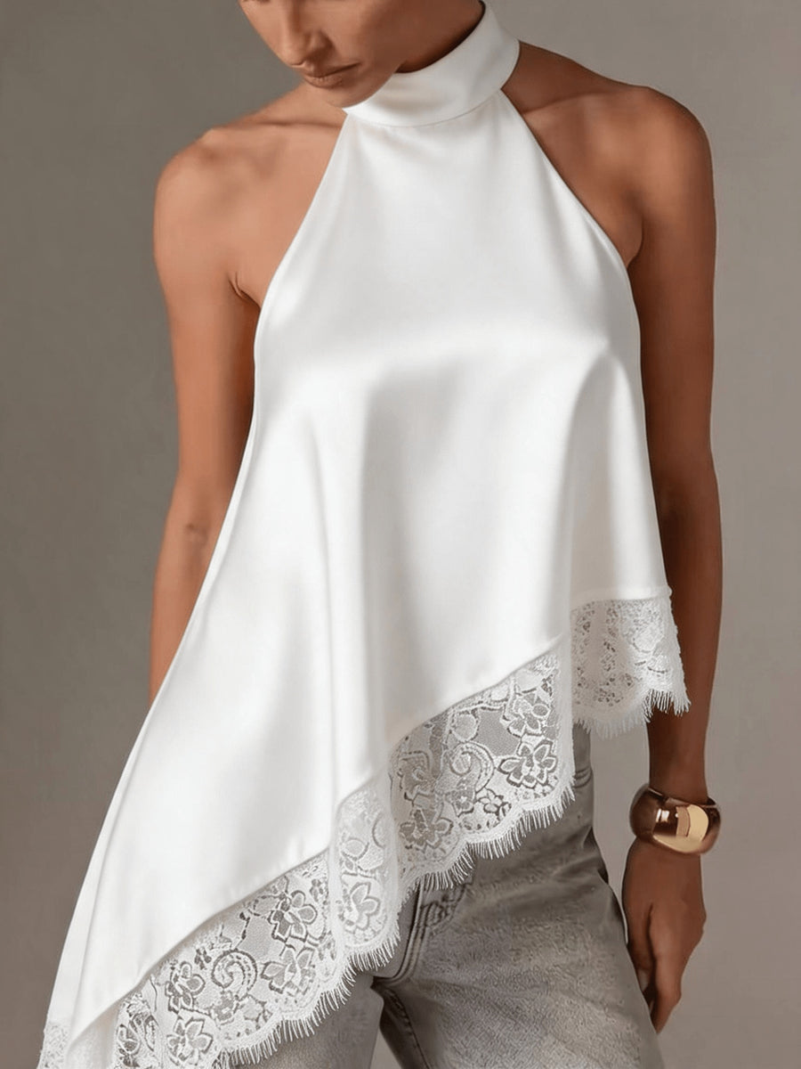 Directional Style Irregular Patchwork Lace Neckline Halter Elegant Temperament Top Halter Vest - White