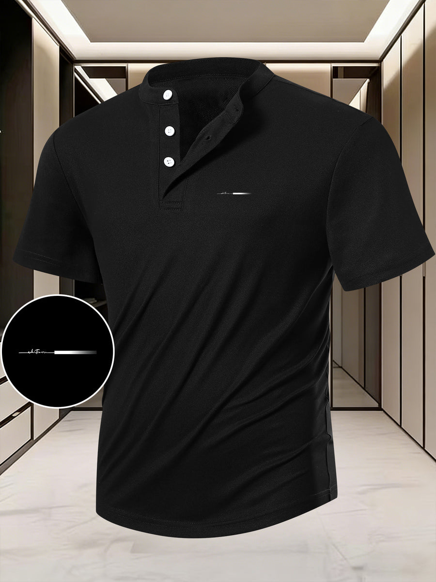 Men'S Summer Casual Short-Sleeve T-Shirt Featuring a Easy White Line Design, Breathable Round Neck with a Henley Button Front, Regular Fit Suitable for Outdoor And Everyday Wear, Men'S Short-Sleeve Henley Shirt - Black