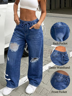 Autumn And Winter Women's Straight-Leg Jeans Casual Loose Wide Leg Dark Blue Denim with Ripped Holes Elastic Waist Drawstring Trousers Comfortable Streetwear for Daily 2026 New - Deep Blue
