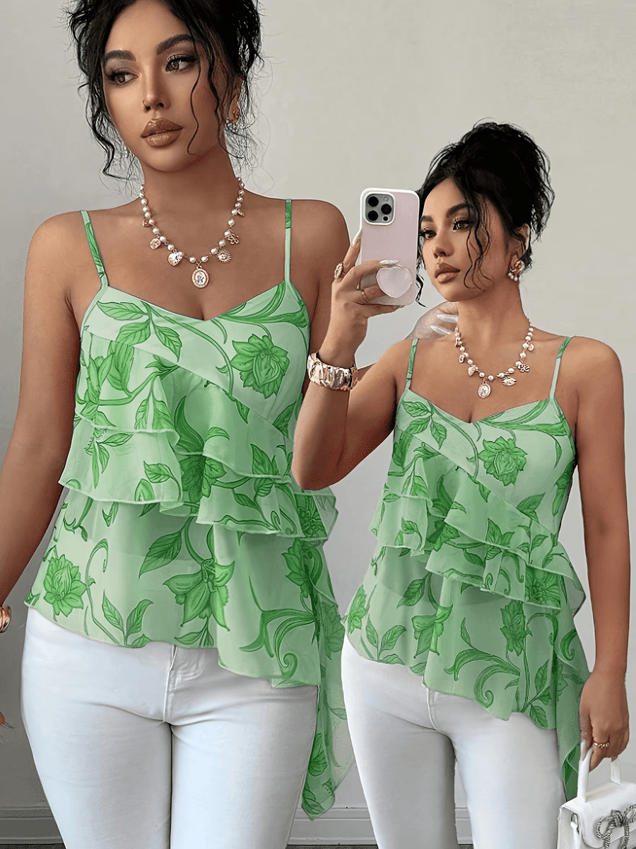 2026 Summer New Pink Floral Ruffled Camisole Women'S Summer Irregular Hem Body-Shaping Thin Chiffon Top Hot Top - Light Green