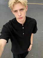 2026 Men'S Summer Casual Old Money Style Bark Texture Henley Short Sleeve Polo Shirt Men'S Loose Regular Shoulder Half Sleeve - Black
