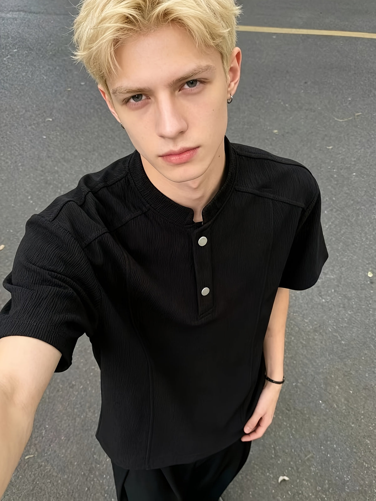 2026 Men'S Summer Casual Old Money Style Bark Texture Henley Short Sleeve Polo Shirt Men'S Loose Regular Shoulder Half Sleeve - Black