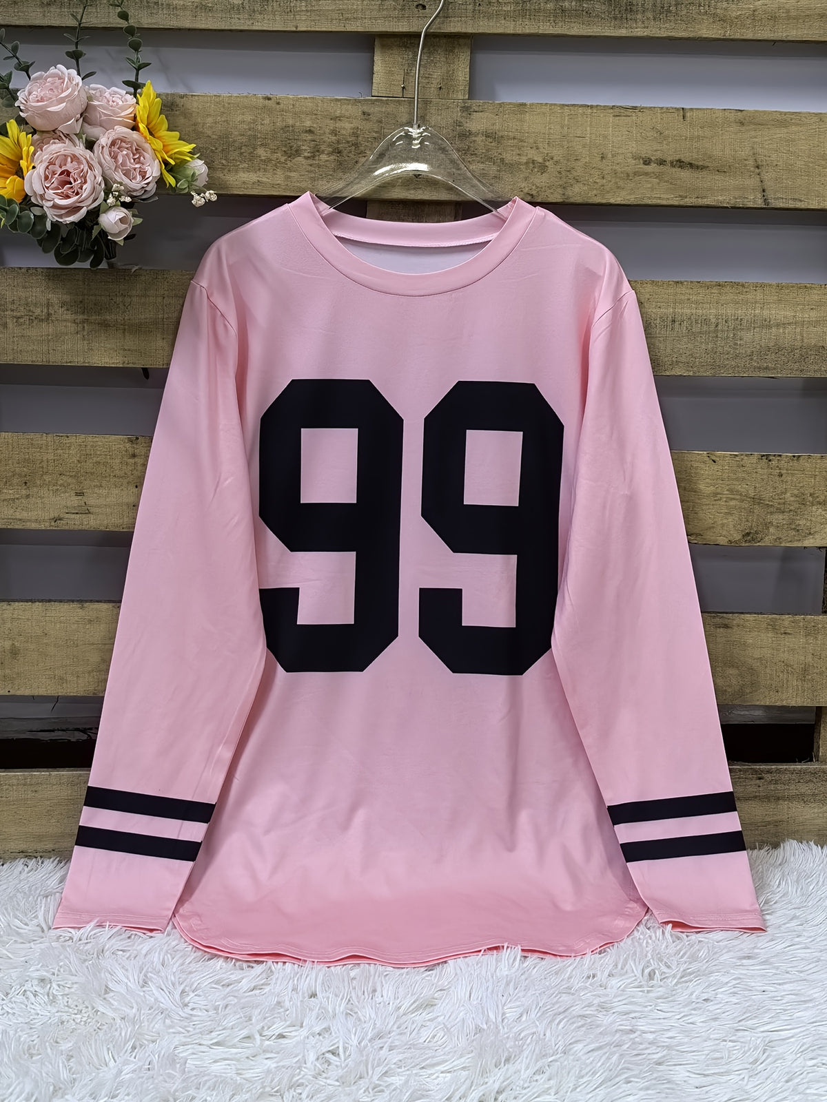 Autumn and Winter New European & American Style Women's "251.46cm Number Print Loose Casual Long Sleeve Top - pink color