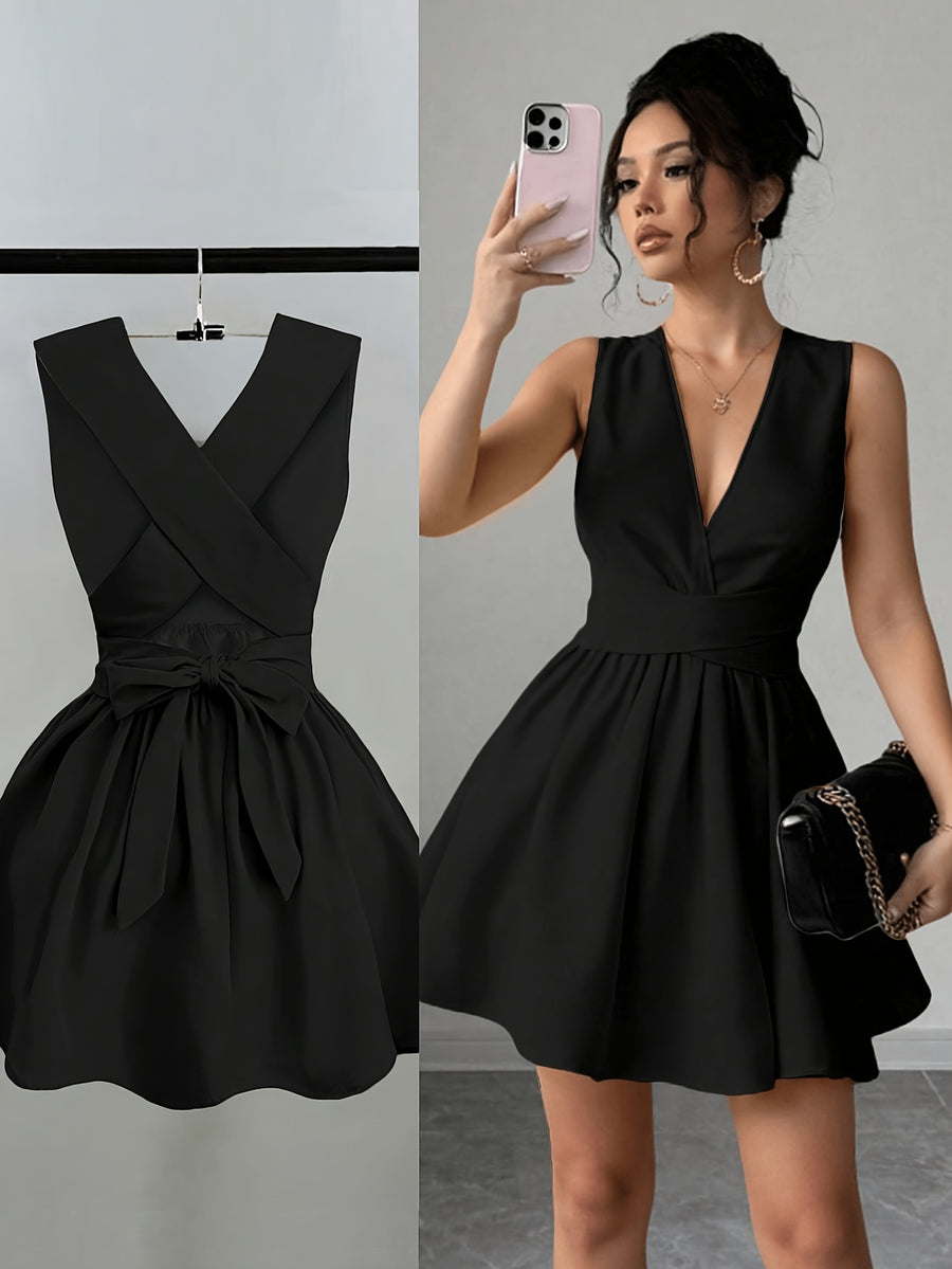 Women'S Romantic Elegant Sexy Wedding Guest Style Wearable Cross V-Neck Sleeveless A-Line Mini Dress - Black