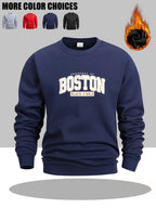 Men's Casual Style, Men's Crewneck Sweatshirt, Boston Black And Golden Property Of Print, Polyester Fiber, Suitable for Men Daily Wear And Sports Scenes - Navy Color