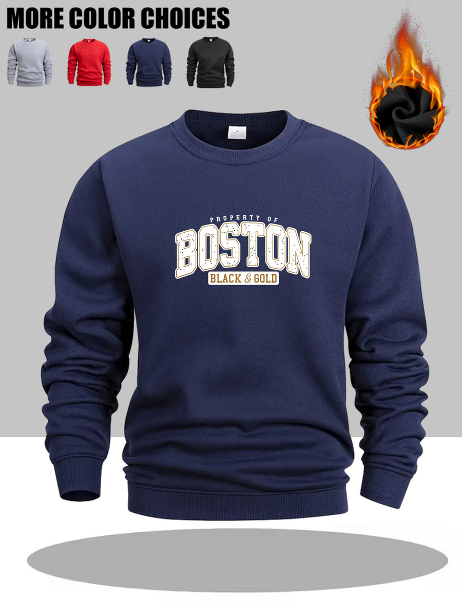 Men's Casual Style, Men's Crewneck Sweatshirt, Boston Black And Golden Property Of Print, Polyester Fiber, Suitable for Men Daily Wear And Sports Scenes - Navy Color