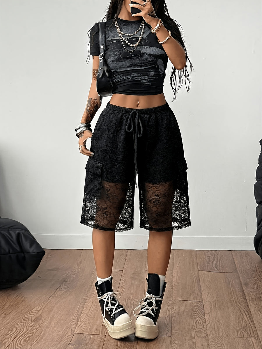 High-waisted Women's Lace Patchwork Outerwear Loose-Fit Versatile Short Knee-Length Pants - Black