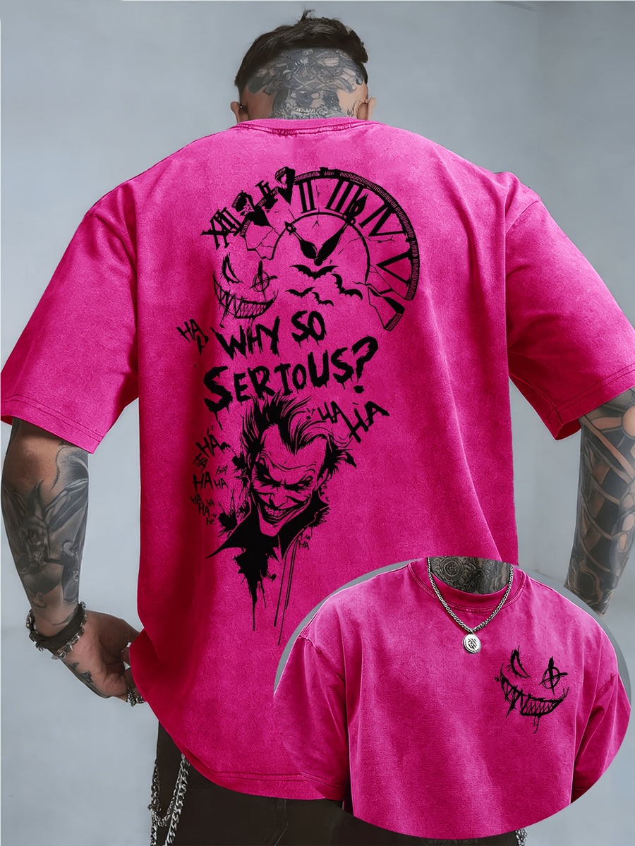 Licensed by WB Warner, Men'S Retro Old 100% Washed Crew Neck T-Shirt, DC Batman Joker Why So Serious Sketch Graffiti Design, Loose Version, Men'S Casual Versatile Loose T-Shirt, Suitable for Daily Wear Outdoor Sports - Rose Red