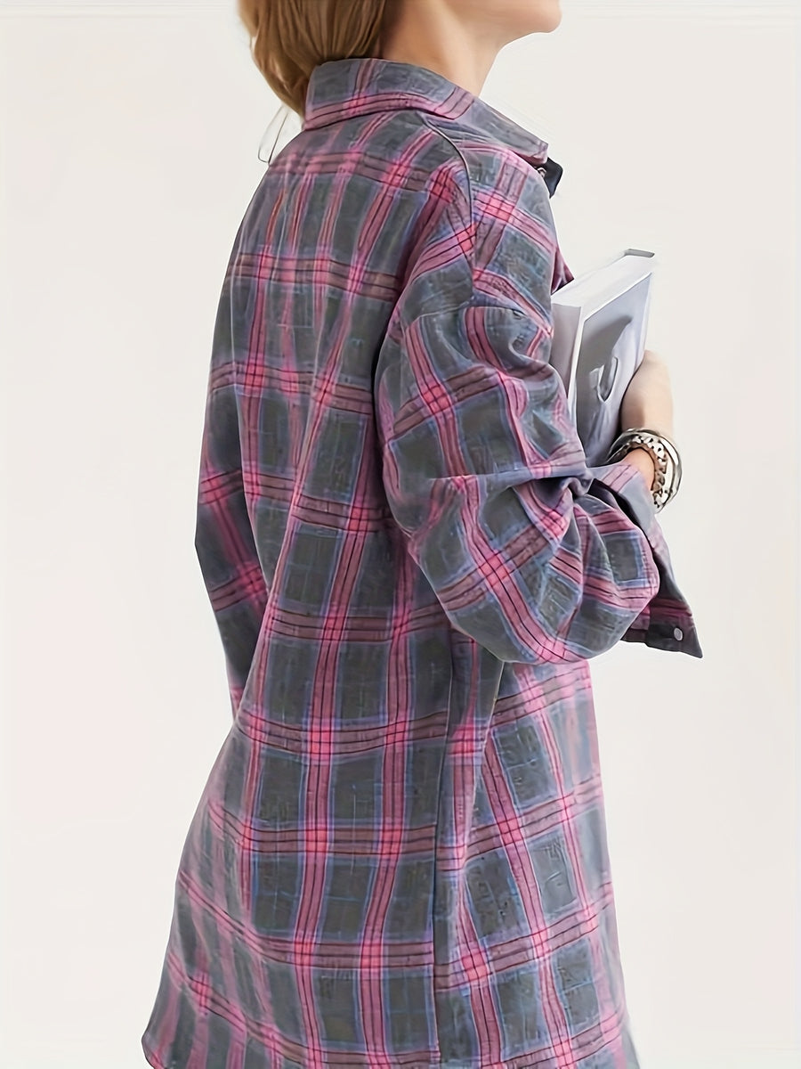 Single-piece Plaid Women's Shirt, Casual and Versatile with a Turn- Collar, Long-sleeved Plaid Shirt with Pockets, Perfect for Commuting and Vacation - Pink