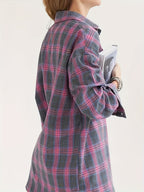 Single-piece Plaid Women's Shirt, Casual and Versatile with a Turn- Collar, Long-sleeved Plaid Shirt with Pockets, Perfect for Commuting and Vacation - Pink